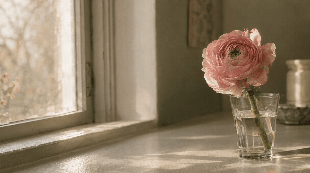 A blush flower catching soft window light